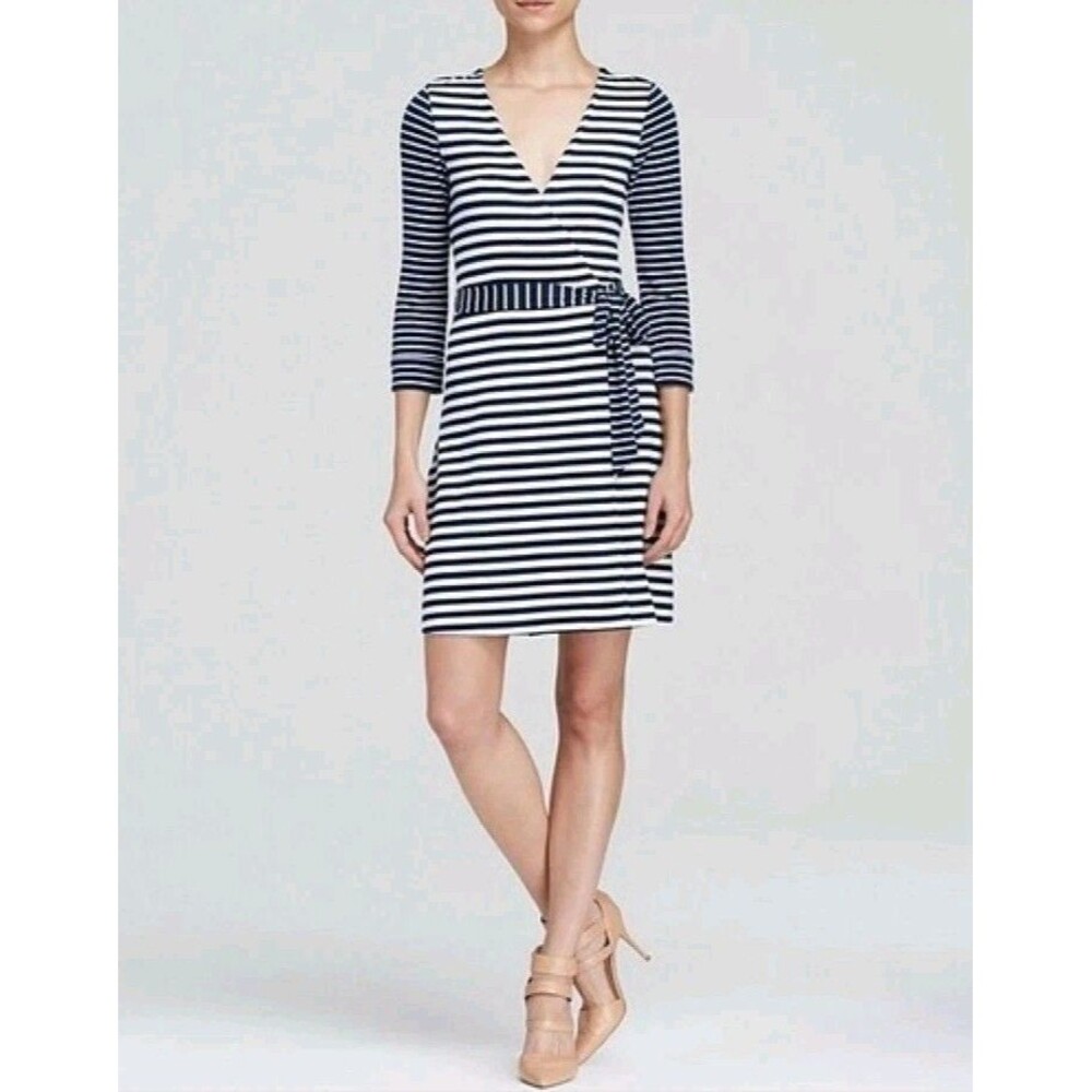Diane von Furstenberg DVF New Julian Two Mini Wrap Dress  Blue Stripe Size 10